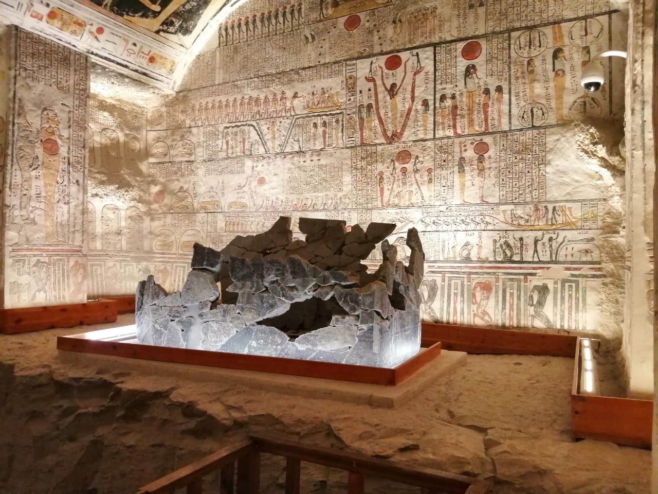 Principal chamber of Ramses V tomb with sarcophagus.